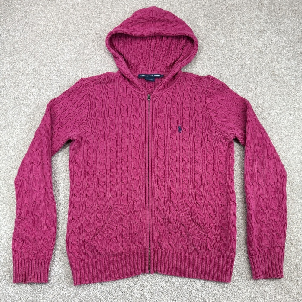 Ralph Lauren Sport Sweater Womens XL Pink Cable Knit Full Zip Hooded Pony Preppy